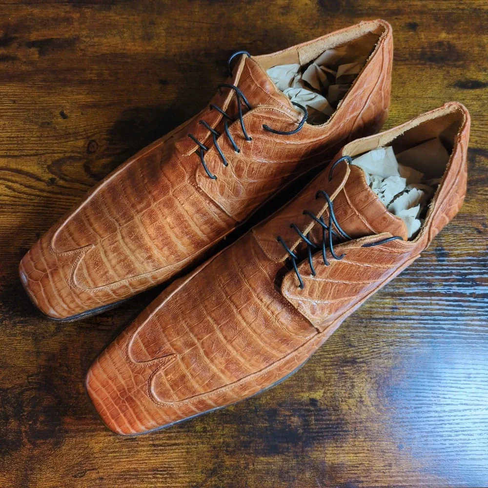 DU Mauri Cognac Alligator Skin Textured Leather Made in Italy Shoes Topy Sole